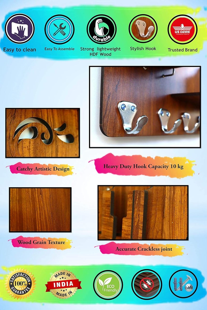 US DZIRE - THE BRAND OF LIFESTYLE US DZIRE THE BRAND OF LIFESTYLE Modern Wooden Key Holder Mobile Charging Stand Cloth Hanger for Home Living Room Kitchen Wooden Handcrafted Wall Dcor  - Image 5