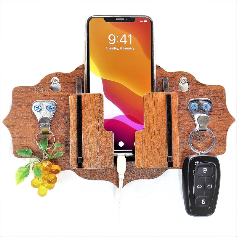 US DZIRE - THE BRAND OF LIFESTYLE US DZIRE THE BRAND OF LIFESTYLE Modern Wooden Key Holder Mobile Charging Stand Cloth Hanger for Home Living Room Kitchen Wooden Handcrafted Wall Dcor  - Image 1