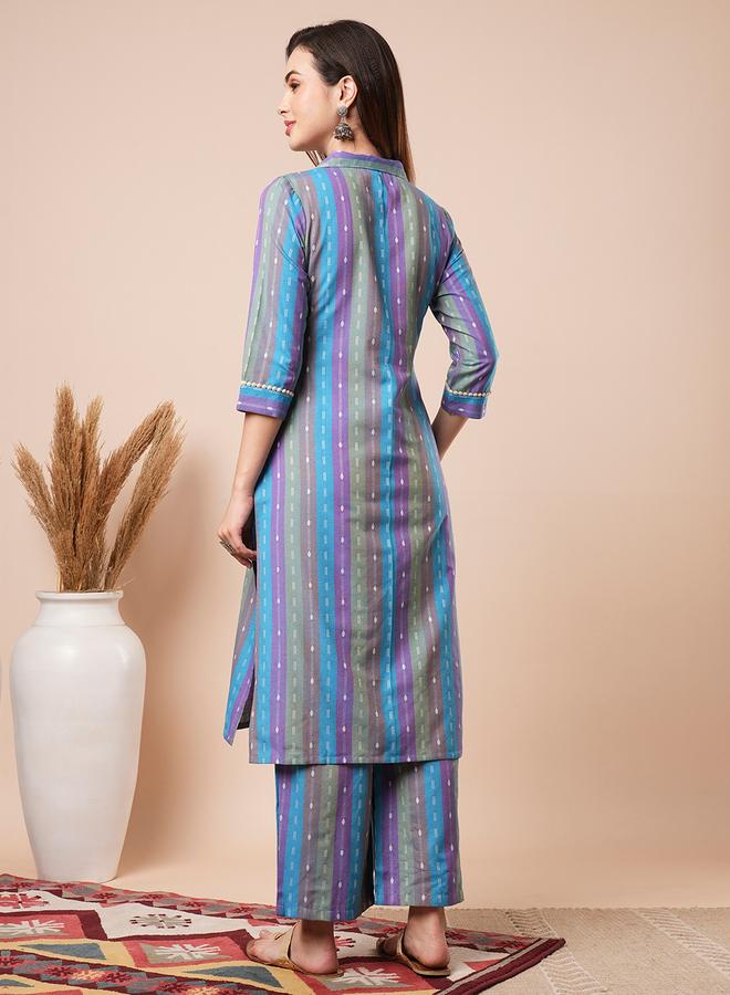 Globus Striped Shirt Collar Straight Kurta with Elasticated Pants Co-Ords - Image 3