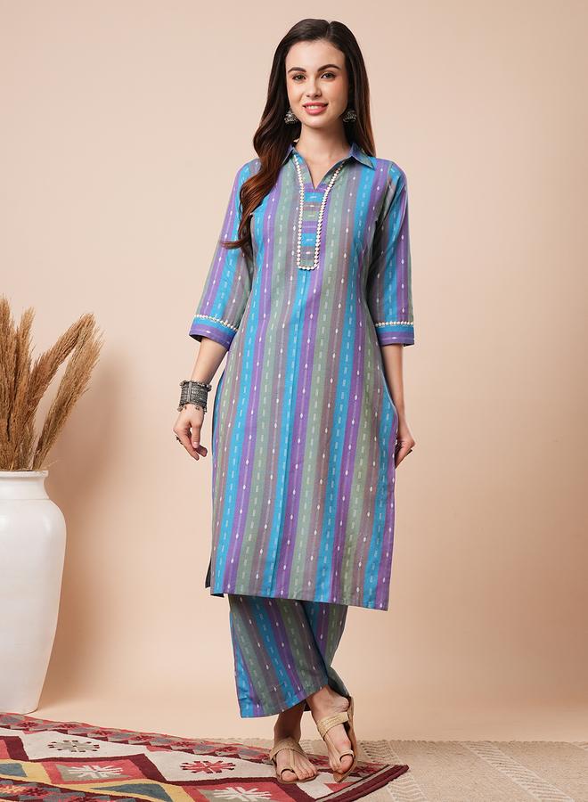 Globus Striped Shirt Collar Straight Kurta with Elasticated Pants Co-Ords - Image 1
