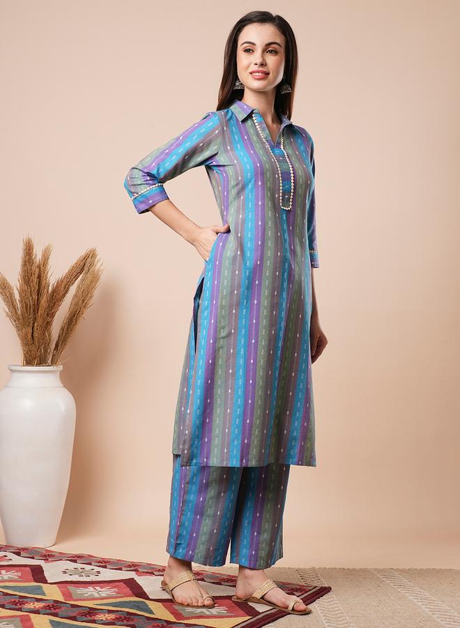 Globus Striped Shirt Collar Straight Kurta with Elasticated Pants Co-Ords - Image 2