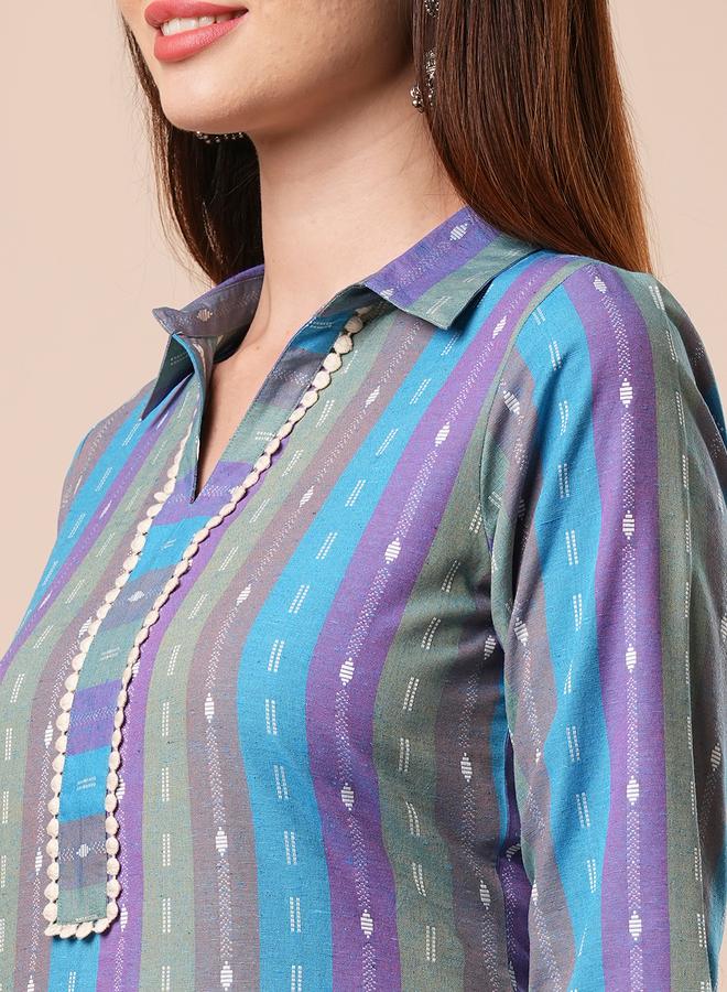 Globus Striped Shirt Collar Straight Kurta with Elasticated Pants Co-Ords - Image 4