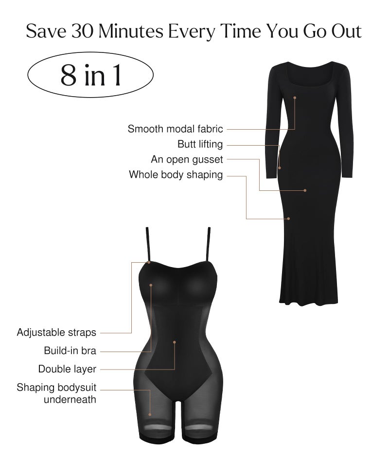 Popilush Long Sleeve Formal Dress - Shapewear Cocktail Wedding Guest Dresses for Women Square Neck Maxi Dress Built-in Bra Black - Image 3