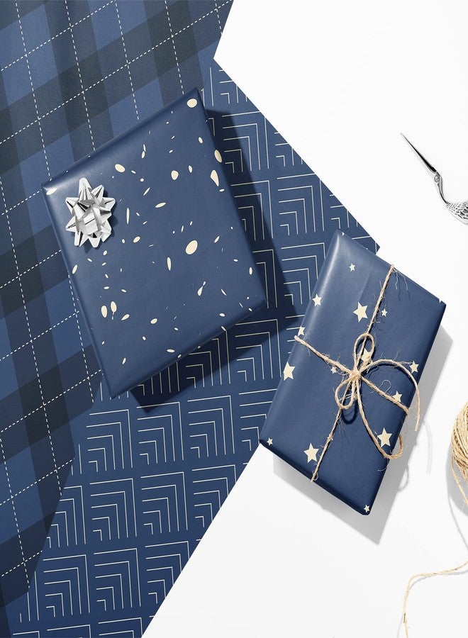 Ulmasinn Wrapping Paper Flat 8 Sheets for Birthday, Holiday, Father'S Day, Weddings, Graduations, Navy Printed with Geometric Patterns, Checks, Stars, Spots 20 X 29 Inches Each - Image 2