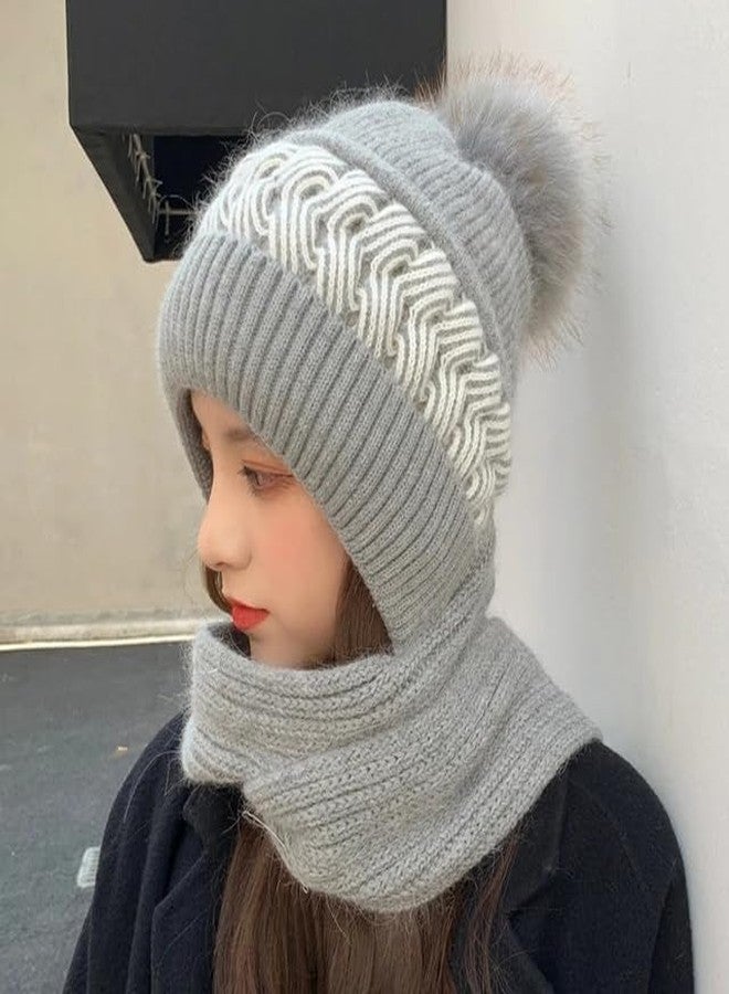 Richmen Winter Hooded Scarf Hat for Women Soft Knitted Beanie Hats Skull Pompom Cap for Ladies Winter 2 in 1 Scarfs Set for Girls Grey Free Size - Image 4