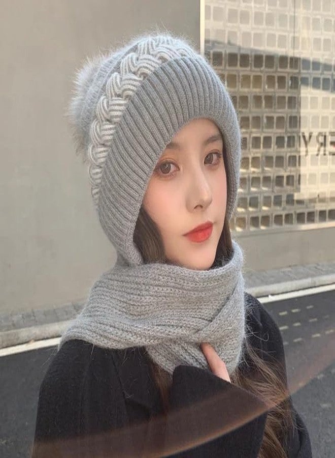 Richmen Winter Hooded Scarf Hat for Women Soft Knitted Beanie Hats Skull Pompom Cap for Ladies Winter 2 in 1 Scarfs Set for Girls Grey Free Size - Image 3