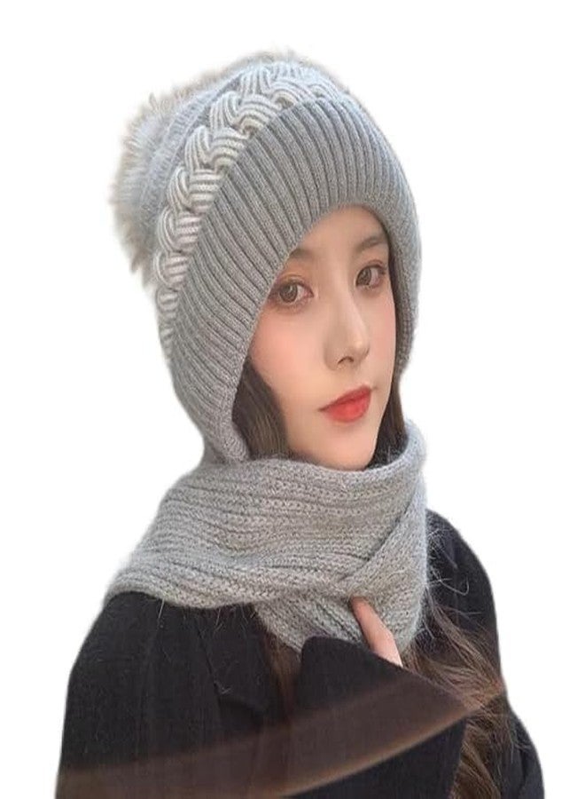 Richmen Winter Hooded Scarf Hat for Women Soft Knitted Beanie Hats Skull Pompom Cap for Ladies Winter 2 in 1 Scarfs Set for Girls Grey Free Size - Image 2