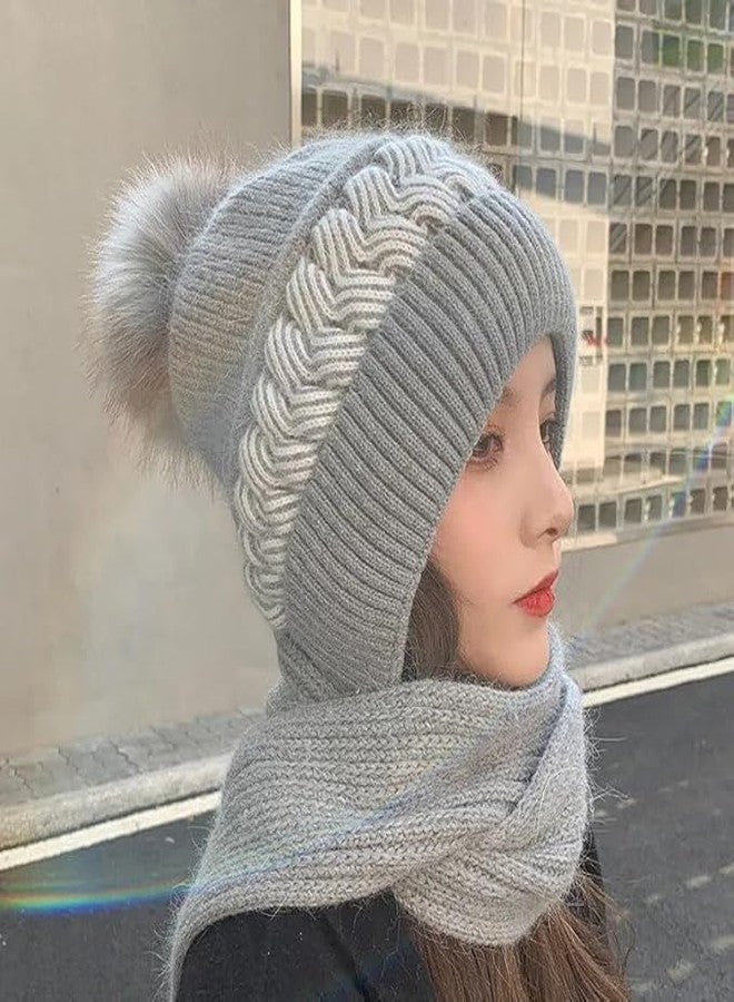Richmen Winter Hooded Scarf Hat for Women Soft Knitted Beanie Hats Skull Pompom Cap for Ladies Winter 2 in 1 Scarfs Set for Girls Grey Free Size - Image 5