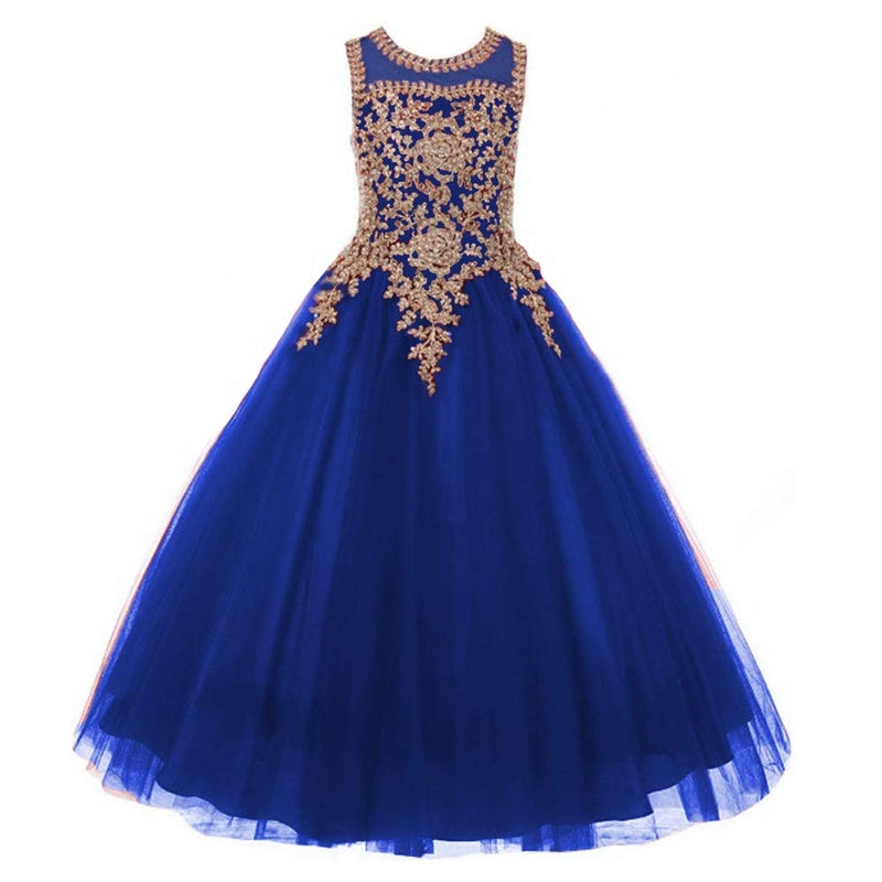 Formal Little Girls Long Pageant Dresses Prom Ball Gown Gold Lace Burgundy Tulle Royal Blue 10