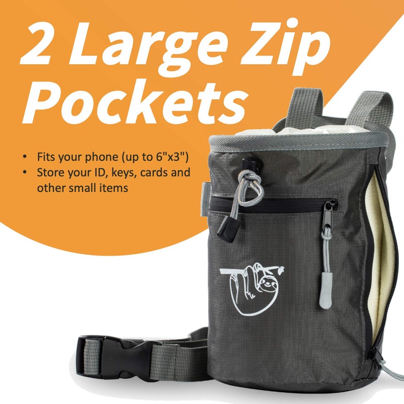 Old Blue Chalk Bag for Rock Climbing, Climbing Chalk Bag for Bouldering with 2 Large Zipper Storage Pockets, Premium Gym Chalk Bag for Weightlifting, Great Gift and Rock Climbing Gear, Gray - Image 3