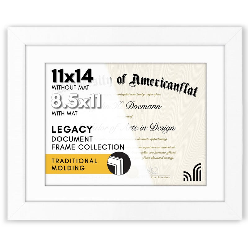 Americanflat 11x14 Diploma Frame with ShatterResistant Glass  Use as 85x11 Frame with Mat or Display 11x14 Documents Without Mat  Legacy Collection  Certificate Frames for Wall Display  White