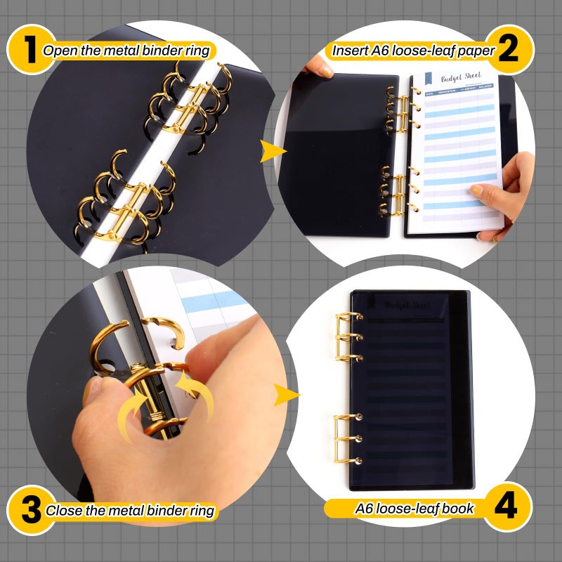 SBYURE A6 Binder Black Acrylic Notebook Cover 6-Hole Binder Notebook Refillable Planner Cover with Gold Metal Round Ring for School Meeting Travel Office - Image 5