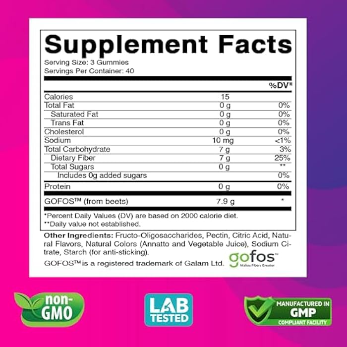 Vitabod Fiber Gummies 7G Per Serving for Digestive Health & Regularity, Prebiotic GOFOS™ Plant-Based Fiber, No Sugar Added, Vegan, Berry Peach Strawberry, 120 Gummies (Adults, Women & Men) - Image 2