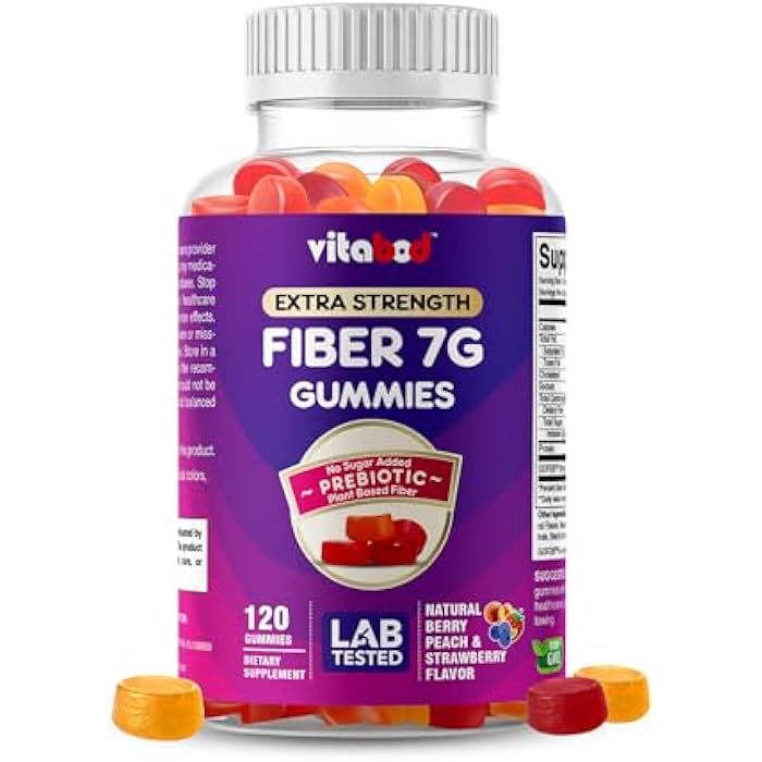 Vitabod Fiber Gummies 7G Per Serving for Digestive Health & Regularity, Prebiotic GOFOS™ Plant-Based Fiber, No Sugar Added, Vegan, Berry Peach Strawberry, 120 Gummies (Adults, Women & Men) - Image 1