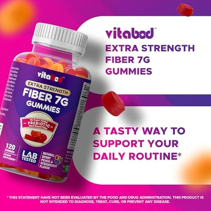Vitabod Fiber Gummies 7G Per Serving for Digestive Health & Regularity, Prebiotic GOFOS™ Plant-Based Fiber, No Sugar Added, Vegan, Berry Peach Strawberry, 120 Gummies (Adults, Women & Men) - Image 4