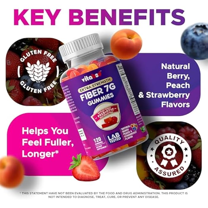 Vitabod Fiber Gummies 7G Per Serving for Digestive Health & Regularity, Prebiotic GOFOS™ Plant-Based Fiber, No Sugar Added, Vegan, Berry Peach Strawberry, 120 Gummies (Adults, Women & Men) - Image 5