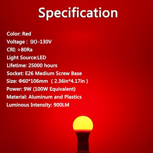 U4GLORY LED Red Light Bulb A19 9W 60W Equivalent Red Colored Light Bulb Outdoor E26 Base Red LED Lights for Party Decoration New Year Porch Home Lighting Christmas Light Bulbs Wedding Bar 4 Pack - Image 3