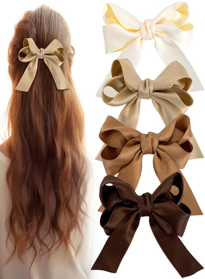 STSTR 4pcs Small Hair Bows for Women, Non-Slip Fabric Bow Hair Clips, Cute Short Tail Hair Barrettes Accessories for Long Short Curly Straight Hair - White, Champagne, Khaki, Brown - Image 1