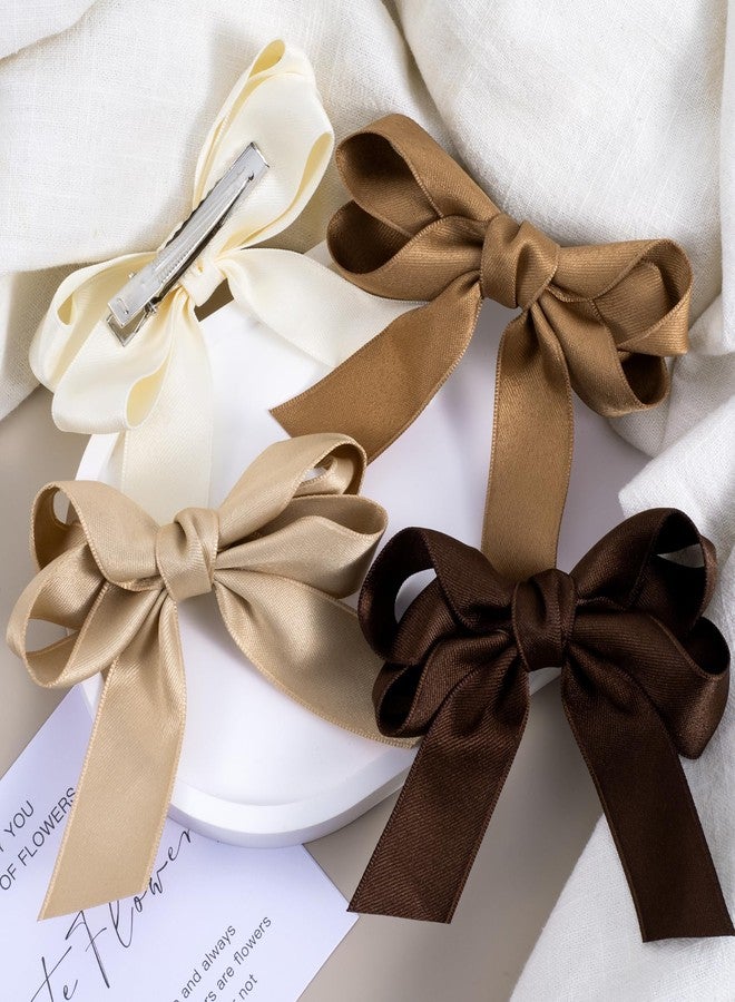 STSTR 4pcs Small Hair Bows for Women, Non-Slip Fabric Bow Hair Clips, Cute Short Tail Hair Barrettes Accessories for Long Short Curly Straight Hair - White, Champagne, Khaki, Brown - Image 3
