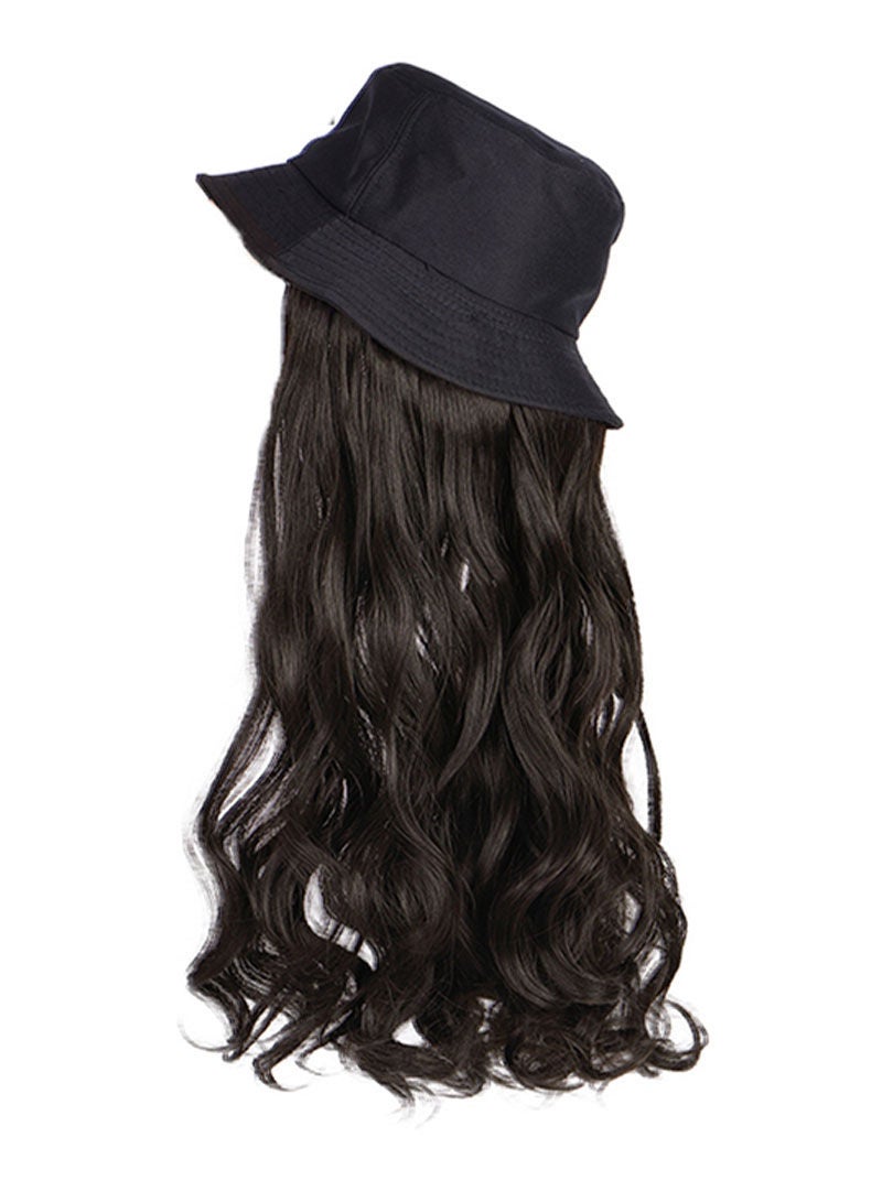 Sharpdo Black Bucket Hat High Temperature Silk Long Straight Hair Synthetic Wig - Image 2