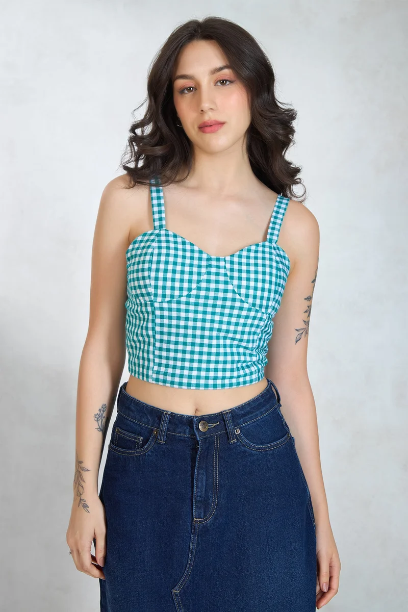Virgio Checks Cotton Corset Top With Smocked Back for Women