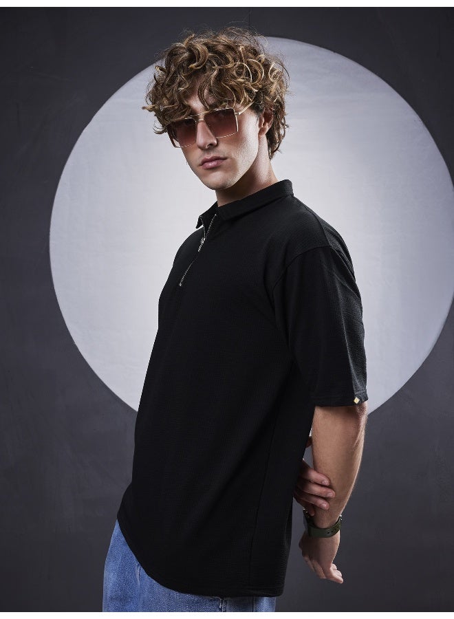 Maniac Maniac Mens Textured Polo Neck 3/4th Sleeve Black SeerSucker Fabric T-Shirt  - Image 4