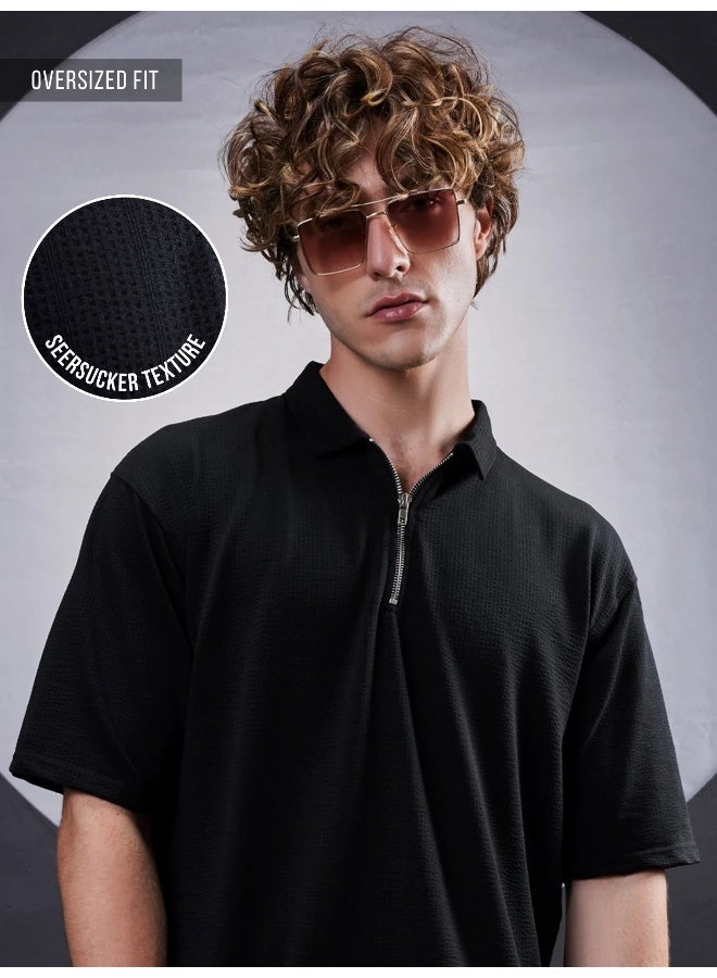 Maniac Maniac Mens Textured Polo Neck 3/4th Sleeve Black SeerSucker Fabric T-Shirt  - Image 1