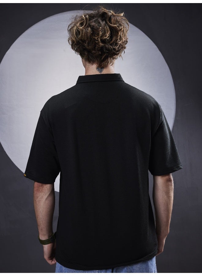 Maniac Maniac Mens Textured Polo Neck 3/4th Sleeve Black SeerSucker Fabric T-Shirt  - Image 5