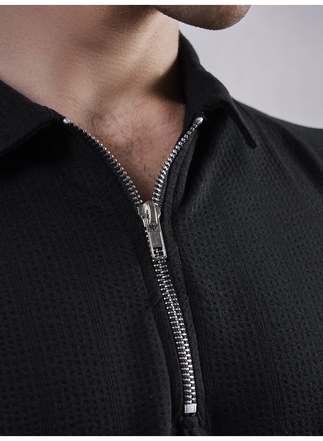 Maniac Maniac Mens Textured Polo Neck 3/4th Sleeve Black SeerSucker Fabric T-Shirt  - Image 2