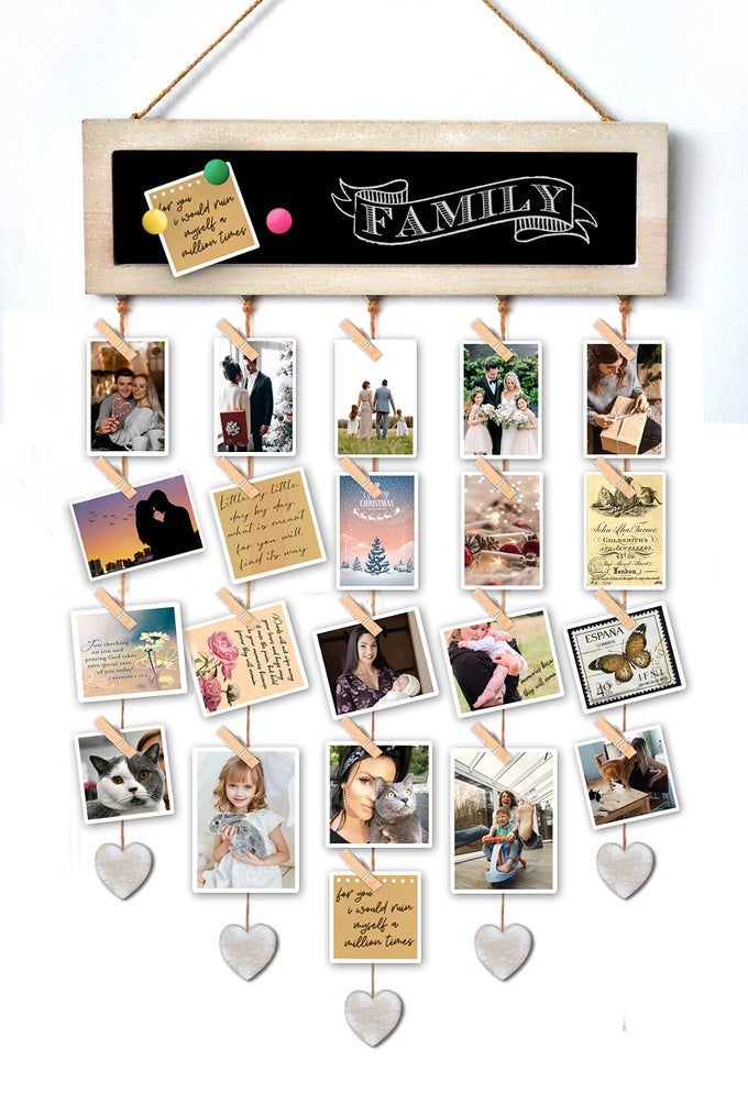 Picture Frames Collage Display Board with 30 Clips Multi Photos Cards Organizer with Adjustable Twines and Magnetic Blackboard DIY Wall Decor Hanging Picture Holder 157x5 Inches
