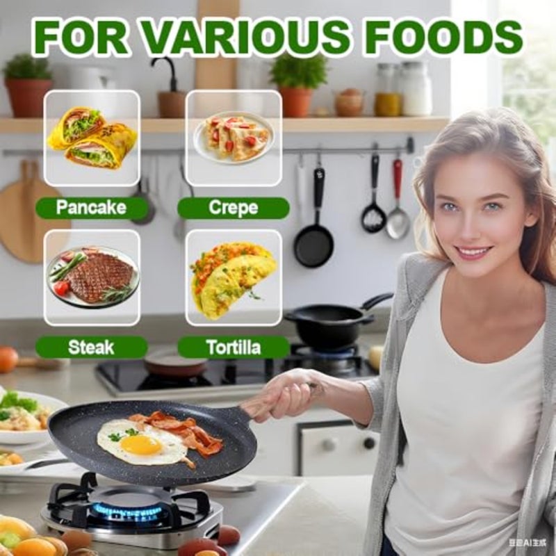 Nonstick Crepe Pan with Granite Coating: Pancake Flat Skillet Tawa Griddle with Spreader, Natural Ceramic Coating Dosa Tawa Pan w/Cool Handle, PFOA FREE, Induction Cooktop Compatible 28cm - Image 4
