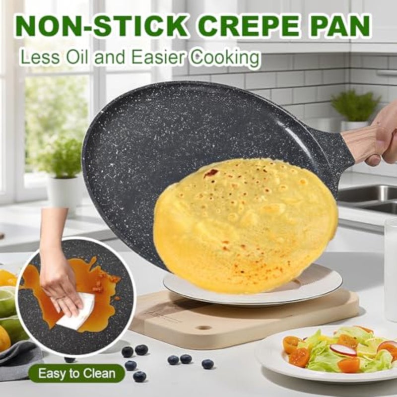 Nonstick Crepe Pan with Granite Coating: Pancake Flat Skillet Tawa Griddle with Spreader, Natural Ceramic Coating Dosa Tawa Pan w/Cool Handle, PFOA FREE, Induction Cooktop Compatible 28cm - Image 3