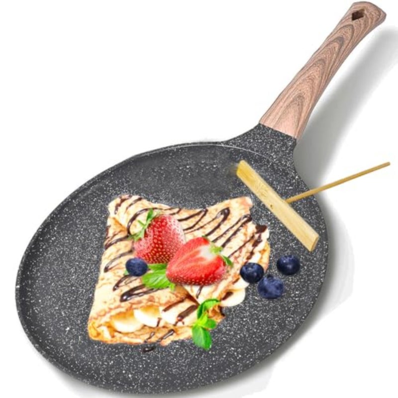Nonstick Crepe Pan with Granite Coating: Pancake Flat Skillet Tawa Griddle with Spreader, Natural Ceramic Coating Dosa Tawa Pan w/Cool Handle, PFOA FREE, Induction Cooktop Compatible 28cm - Image 1