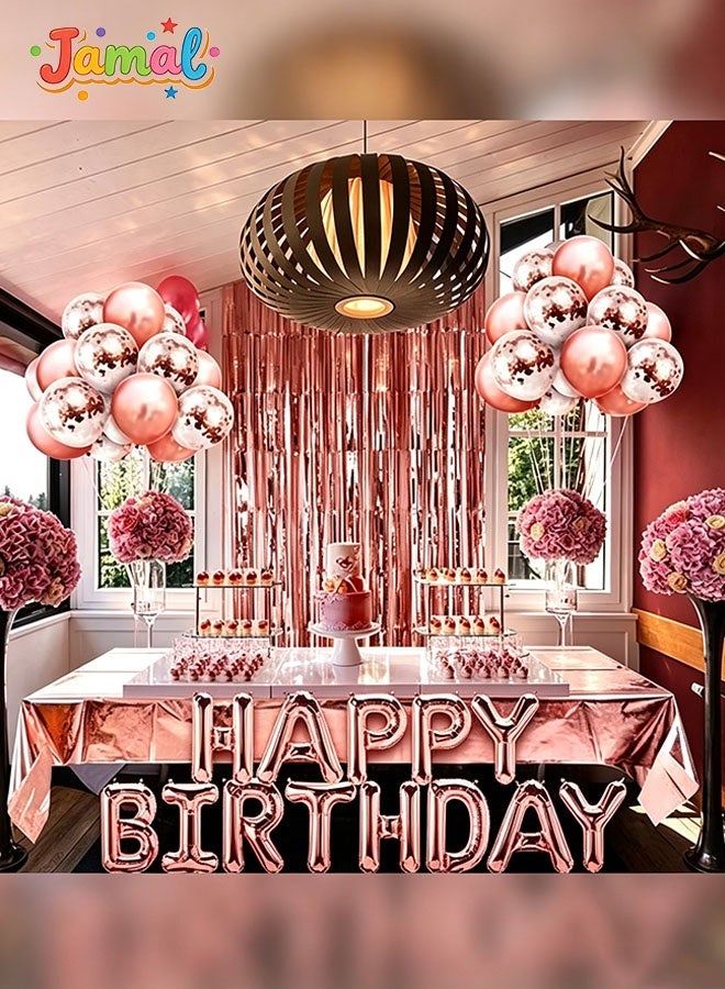 Jamal Rose Gold Birthday Party Decoration Kit – Balloon Arch & Garland, Happy Birthday Banner, Foil Balloons, Fringe Curtain, Table Accessories - Image 3