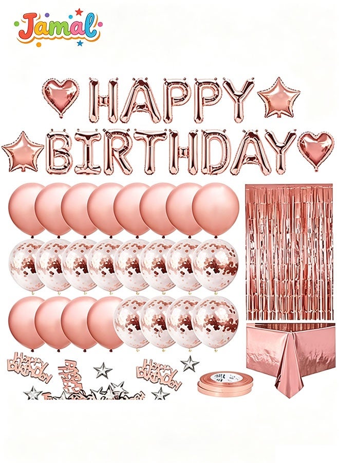 Jamal Rose Gold Birthday Party Decoration Kit – Balloon Arch & Garland, Happy Birthday Banner, Foil Balloons, Fringe Curtain, Table Accessories - Image 1