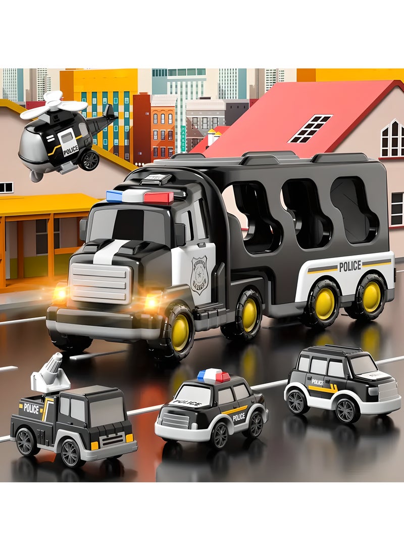 LIXADA 1 Big Police Truck With 4 Small Toy Cars For Kids, Toy Tractor Carrier Container Truck Playset, Toy Vehicle Set, Truck Storage With Metal Cars, Birthday And Festival Gifts, Gift for Kids Age 3+ - Image 3