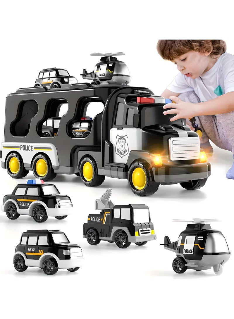 LIXADA 1 Big Police Truck With 4 Small Toy Cars For Kids, Toy Tractor Carrier Container Truck Playset, Toy Vehicle Set, Truck Storage With Metal Cars, Birthday And Festival Gifts, Gift for Kids Age 3+ - Image 2