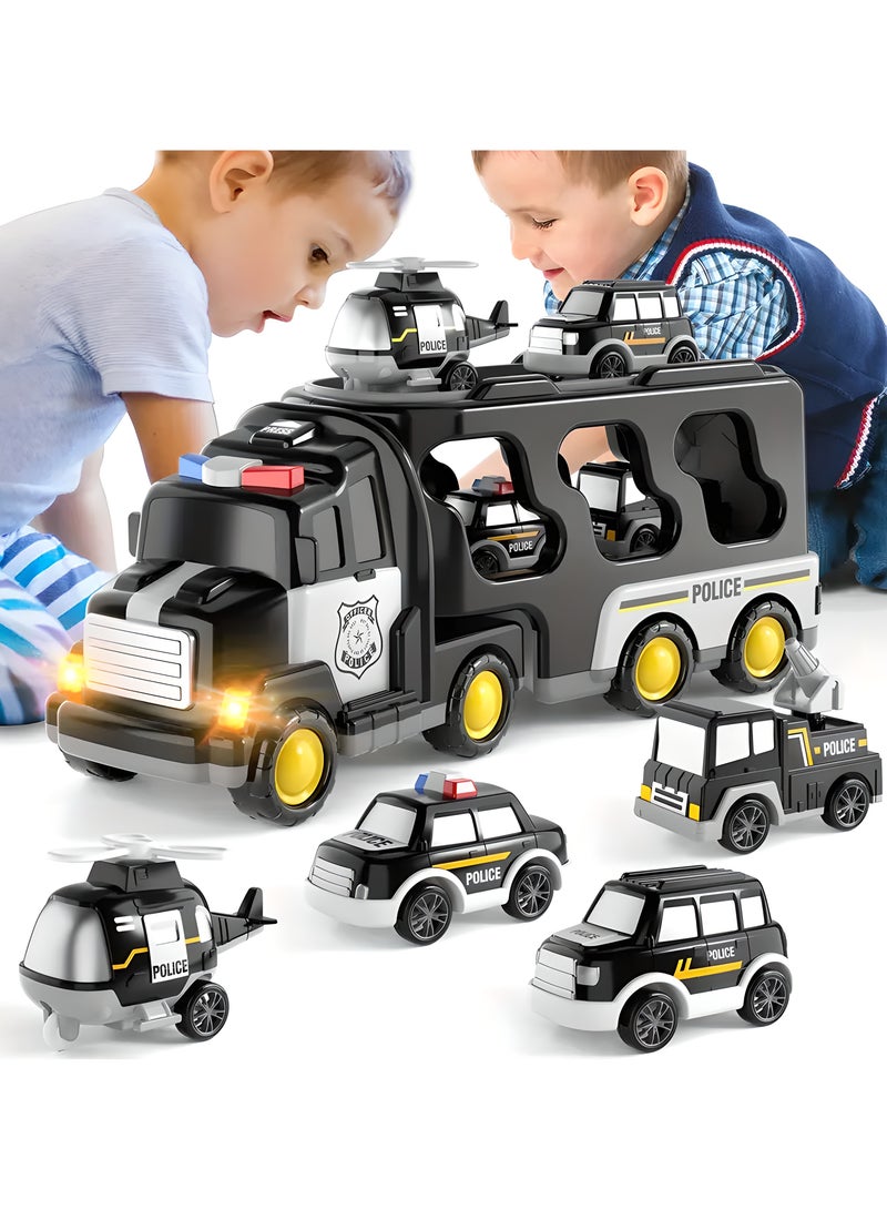 LIXADA 1 Big Police Truck With 4 Small Toy Cars For Kids, Toy Tractor Carrier Container Truck Playset, Toy Vehicle Set, Truck Storage With Metal Cars, Birthday And Festival Gifts, Gift for Kids Age 3+ - Image 1
