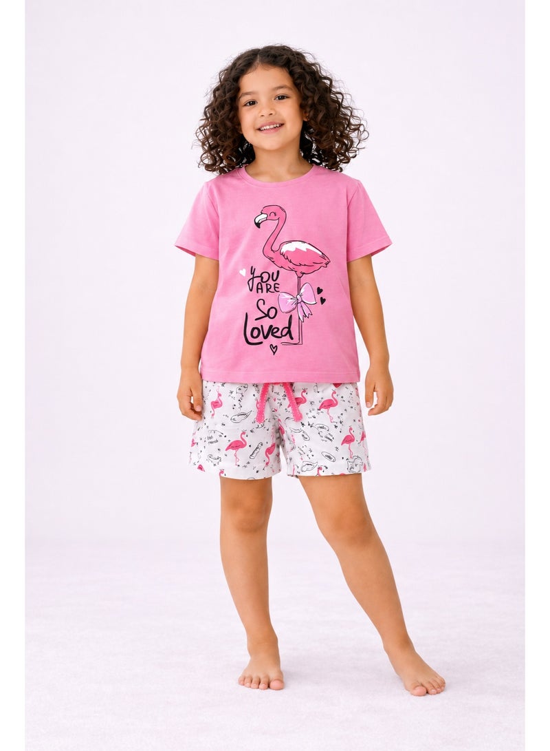 victor and jane Girls’ Pajama Set – Flamingo “You Are Loved” T-Shirt & Printed Shorts - Image 1