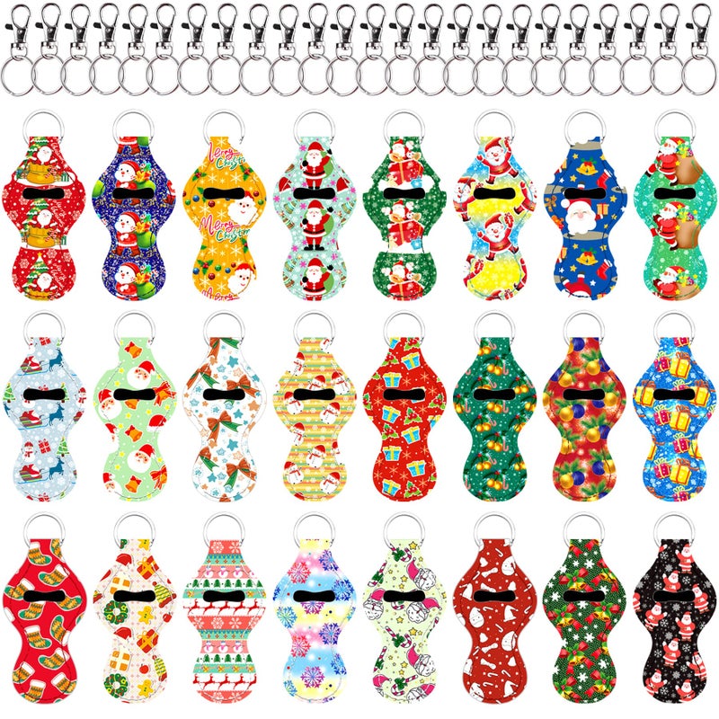 Duufin 24 Pieces Christmas Chapstick Holder Keychain Bulk Lipstick Keychain Holder Chapstick Keyring Holder with 24 Pieces Metal Clip Cords for Chapstick Tracker and Safeguard 24 Christmas Style