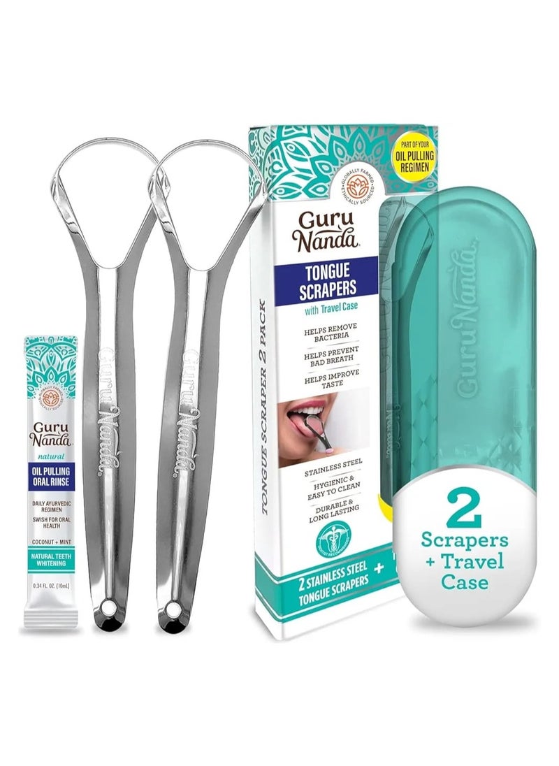 GuruNanda Tongue Scraper (Pack of 2), Stainless Steel Tongue Scraper for Oral Hygiene, Bad Breath Treatment, Medical Grade 100% Stainless Steel Tongue Cleaner with Travel Case for Adults & Kids  - Image 1