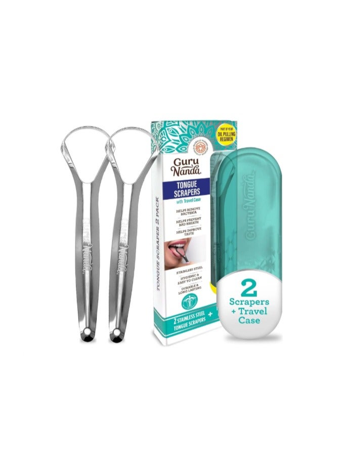 GuruNanda Tongue Scraper (Pack of 2), Stainless Steel Tongue Scraper for Oral Hygiene, Bad Breath Treatment, Medical Grade 100% Stainless Steel Tongue Cleaner with Travel Case for Adults & Kids - Image 1