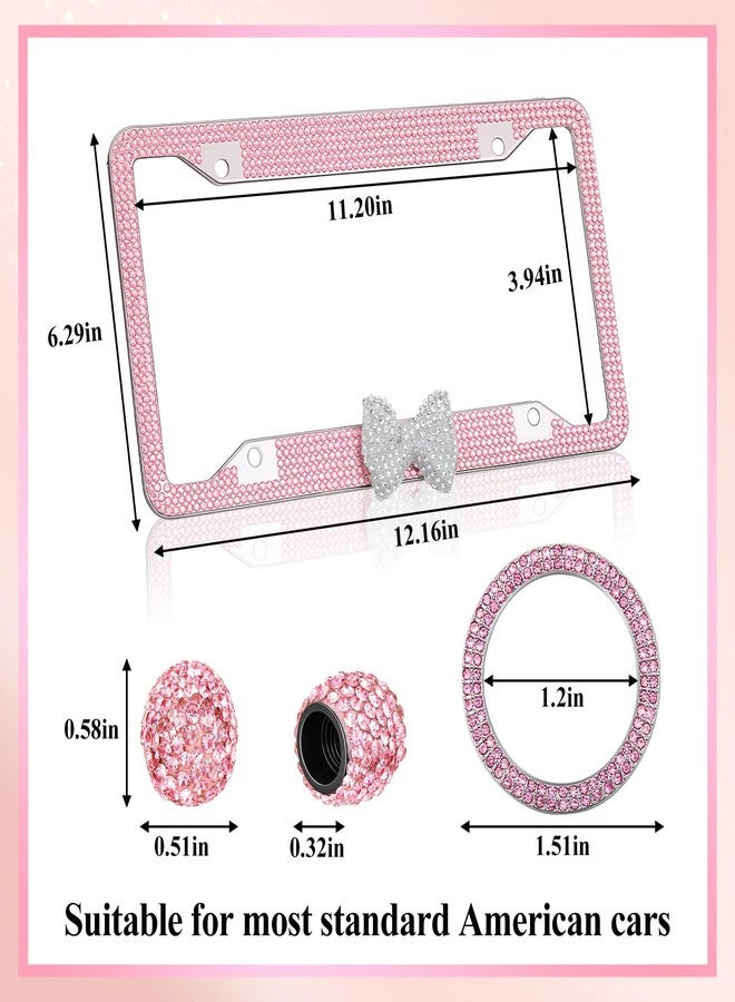 AceOrbit 8 Pcs Pink Car Accessories, Includes 2 Shiny Rhinestones License Plate Frames, 4 Car Tire Valve Stem Caps and 2 Bling Rhinestone Engine Start Stop Decoration Ring for Women Girls Gifts - Image 2