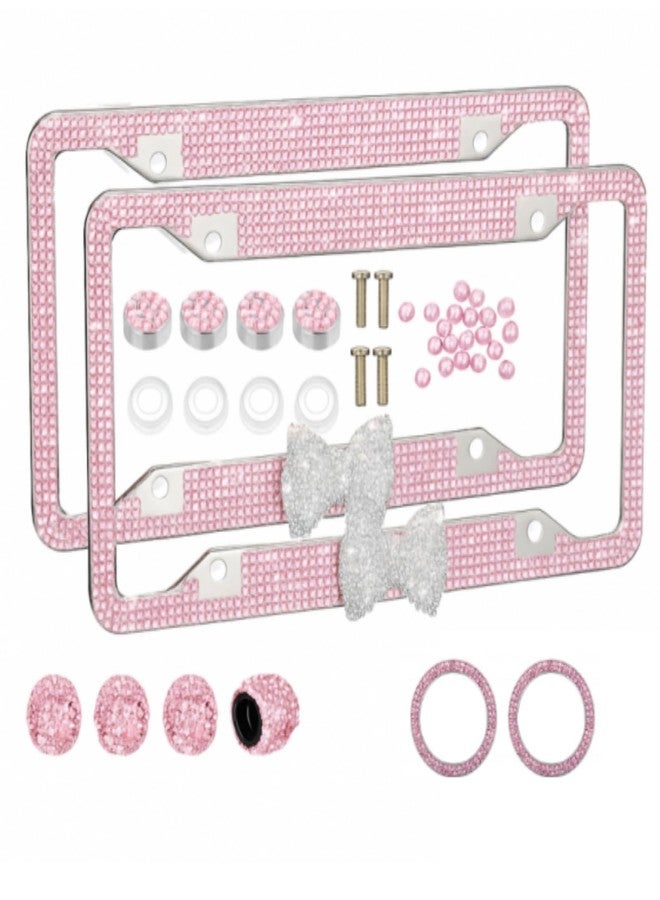 AceOrbit 8 Pcs Pink Car Accessories, Includes 2 Shiny Rhinestones License Plate Frames, 4 Car Tire Valve Stem Caps and 2 Bling Rhinestone Engine Start Stop Decoration Ring for Women Girls Gifts - Image 1