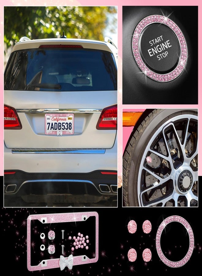 AceOrbit 8 Pcs Pink Car Accessories, Includes 2 Shiny Rhinestones License Plate Frames, 4 Car Tire Valve Stem Caps and 2 Bling Rhinestone Engine Start Stop Decoration Ring for Women Girls Gifts - Image 3