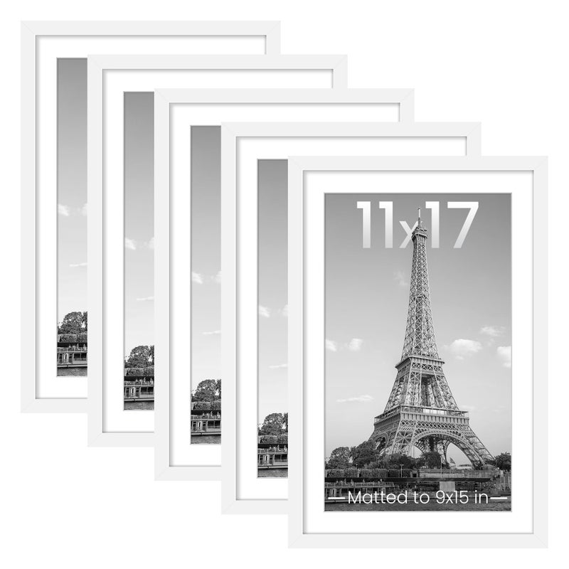 upsimples upsimples 11x17 Picture Frame Set of 5 Display Pictures 9x15 with Mat or 11 x 17 Without Wall Gallery Poster Frames White
