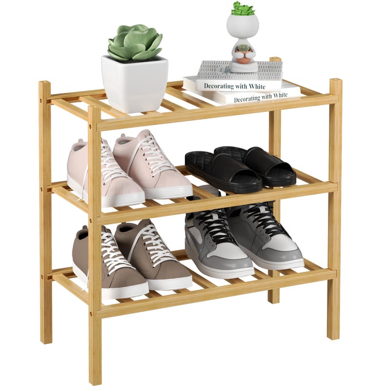 ROMGUAR CRAFT 3-Tier Bamboo Small Shoe Rack, Free Standing Wood Shoe Shelf Storage Organizer for Closet Entryway Stackable (Natural) - Image 1