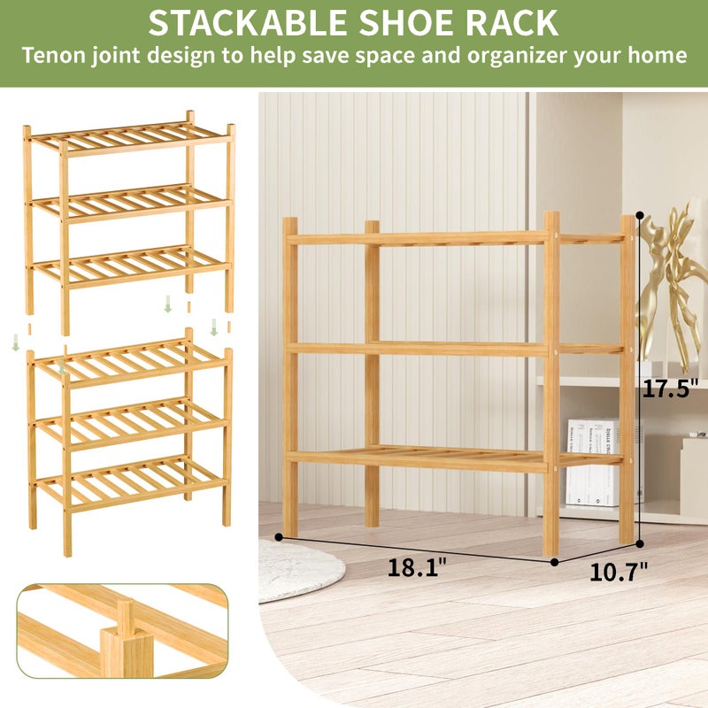 ROMGUAR CRAFT 3-Tier Bamboo Small Shoe Rack, Free Standing Wood Shoe Shelf Storage Organizer for Closet Entryway Stackable (Natural) - Image 3