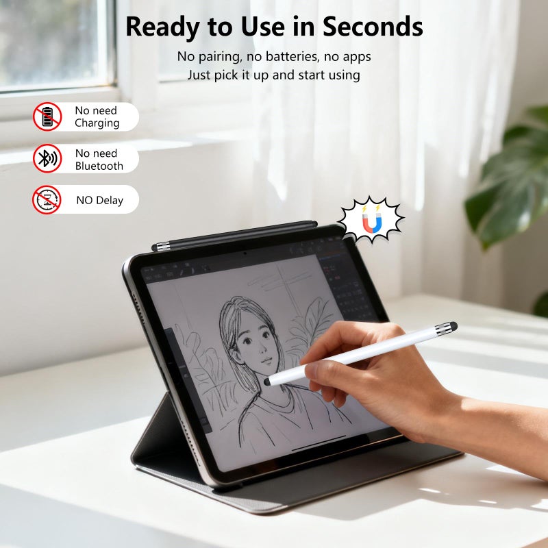 HATOKU 2 Packs Stylus Pen for iPad & Touchscreen Devices (Black & White), Dual Tip Rubber Stylus, No Bluetooth/No Charging, High Sensitivity Capacitive Magnetic Pencil for iPad iPhone Android Tablets - Image 3