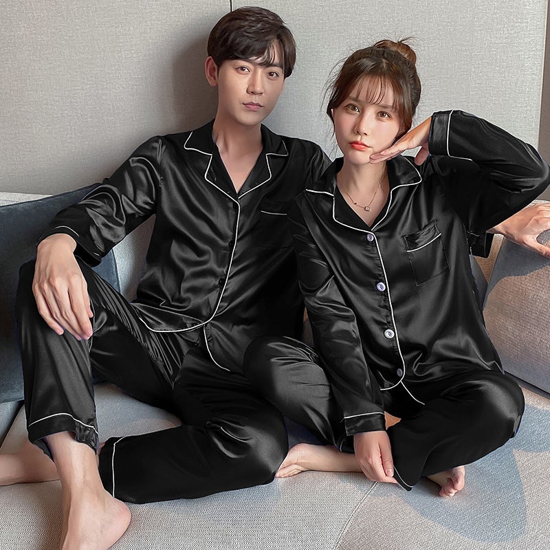 Couple Pajamas Ice Silk Summer Long-Sleeved Women'S Cardigan Casual Loose Men'S Middle-Aged And Young People'S Large Size Home Clothes - Image 2